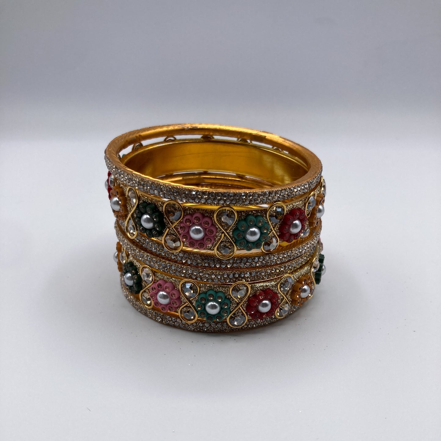 Gold Floral Embellished Bangle Set (Set of 2)