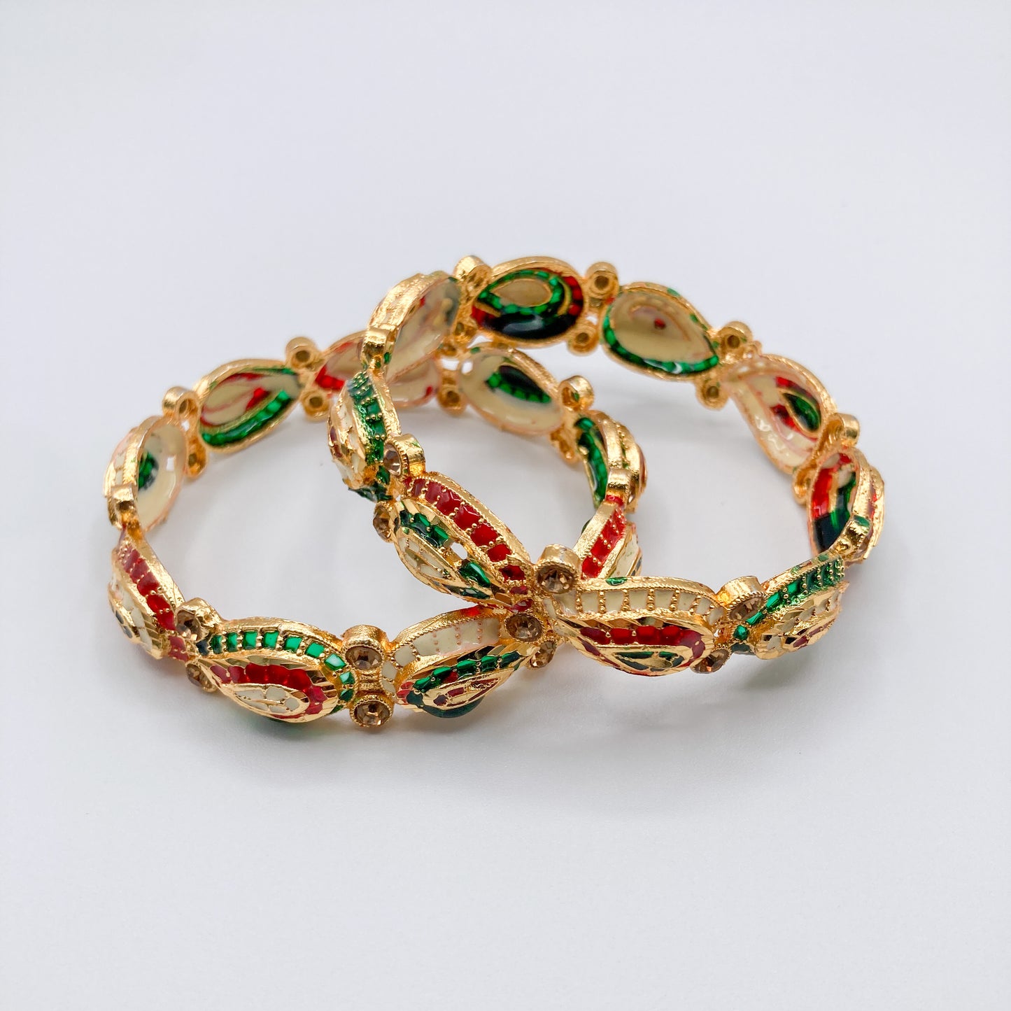 Red Green White Enamel Gold-Tone Bangles (Set of 2)
