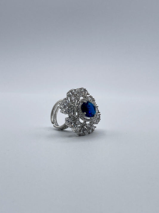 Adjustable Blue and Silver-Tone Statement Ring