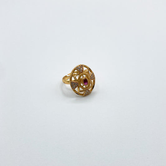 Gold Mandala Ring with Pink Gemstone - Adjustable Size