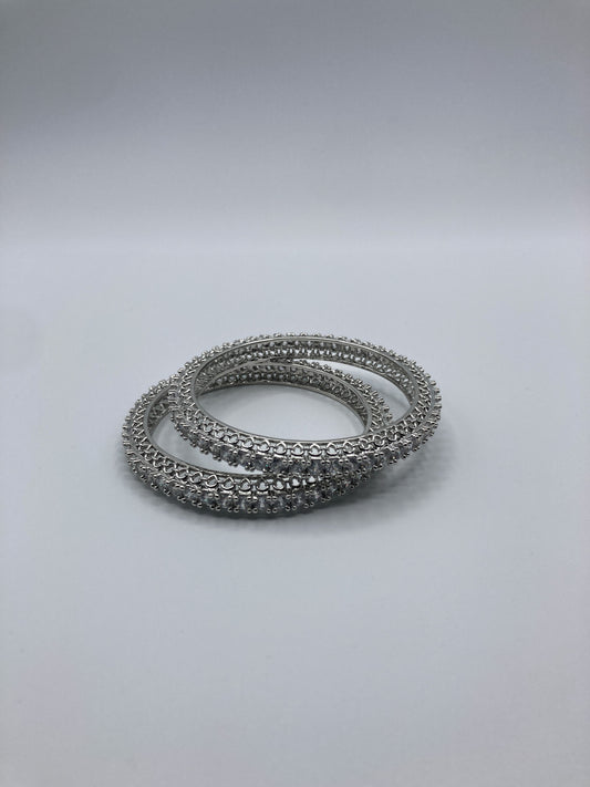 Silver-Tone Brass Bangles with Intricate Stone Detailing (Set of 2)