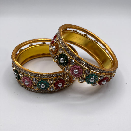 Gold Floral Embellished Bangle Set (Set of 2)