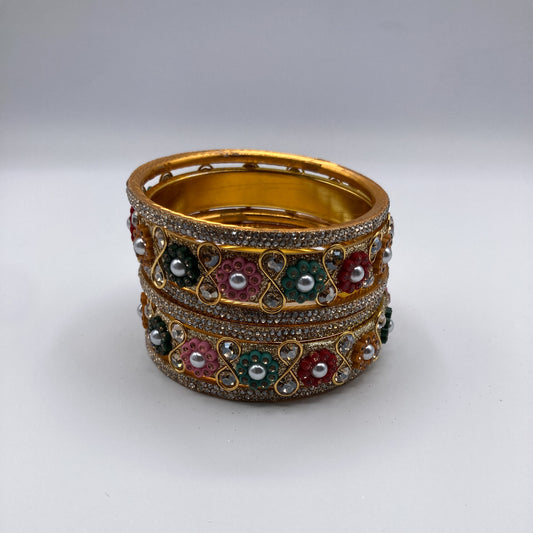 Gold Floral Embellished Bangle Set (Set of 2)