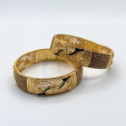 Intricate Gold-Plated Filigree Bangles with Enamel Accents (Set of 2)