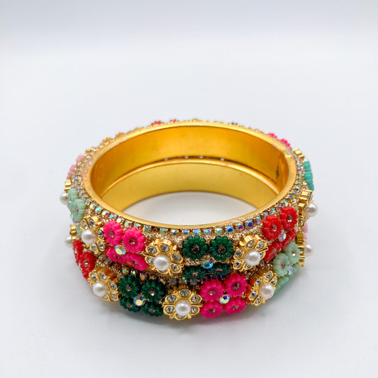 Floral Enamel & Pearl Studded Bangles (Set of 2)