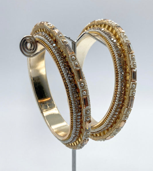 Gold-Toned Traditional Bangles with Pearl & Crystal Embellishments (Set of 2)
