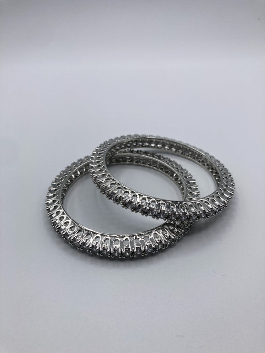 Glossy Silver-Tone Brass Bangles with Cutwork Detailing (Set of 2)