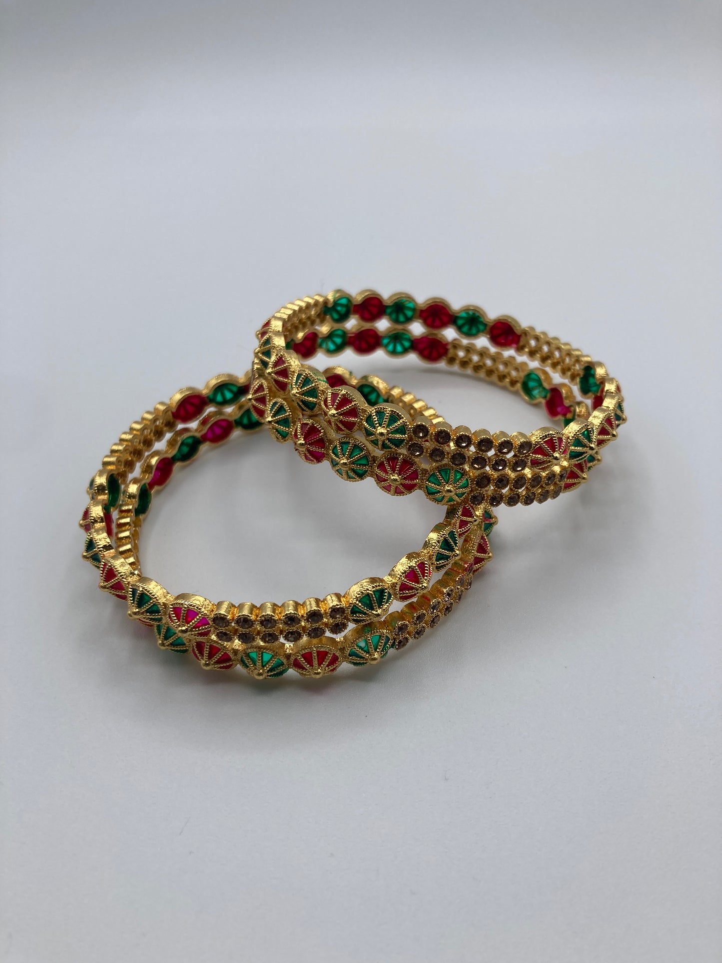 Traditional Gold-Plated Bangles with Red & Green Enamel Detailing (Set of 4)