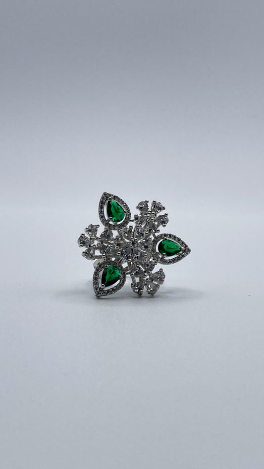 Adjustable Silver-Tone Floral Ring with Green Accents