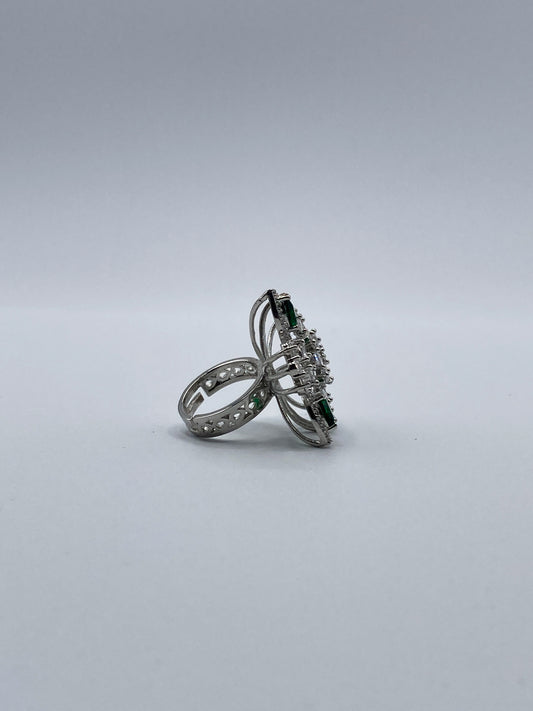 Adjustable Silver-Tone Floral Ring with Green Accents