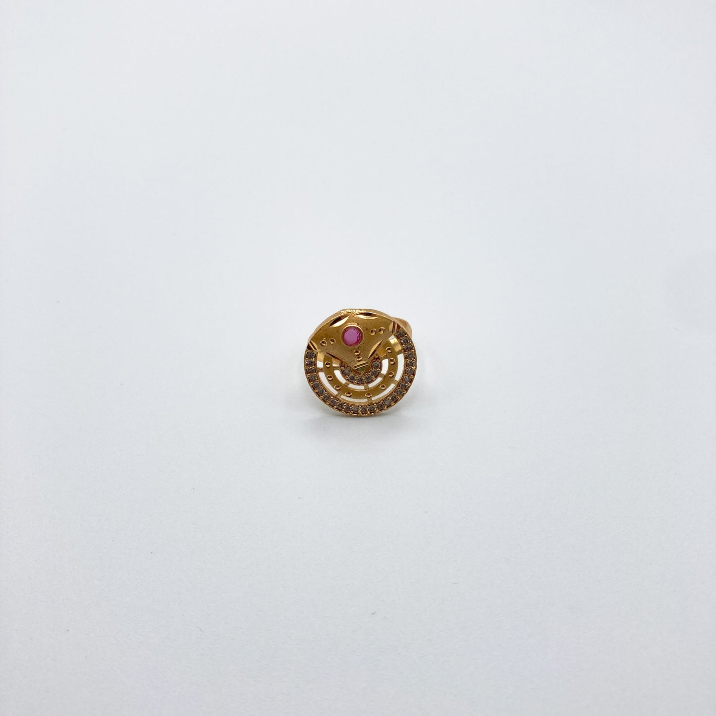Gold Pink Gemstone Crescent Ring - Adjustable Size
